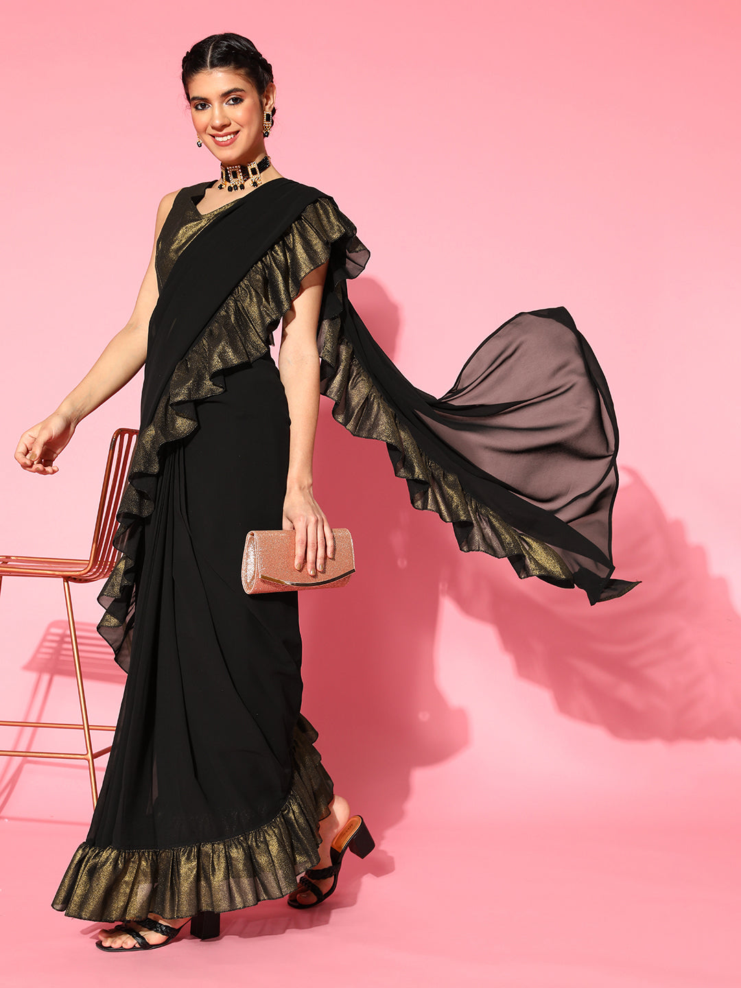 Women's Black Georgette Ruffles Ready to Wear Saree-AHSRBL-SET-16