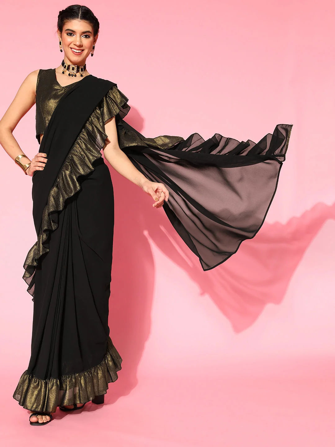 Black Ruffle Saree - Ready to Wear | Designer Sarees India