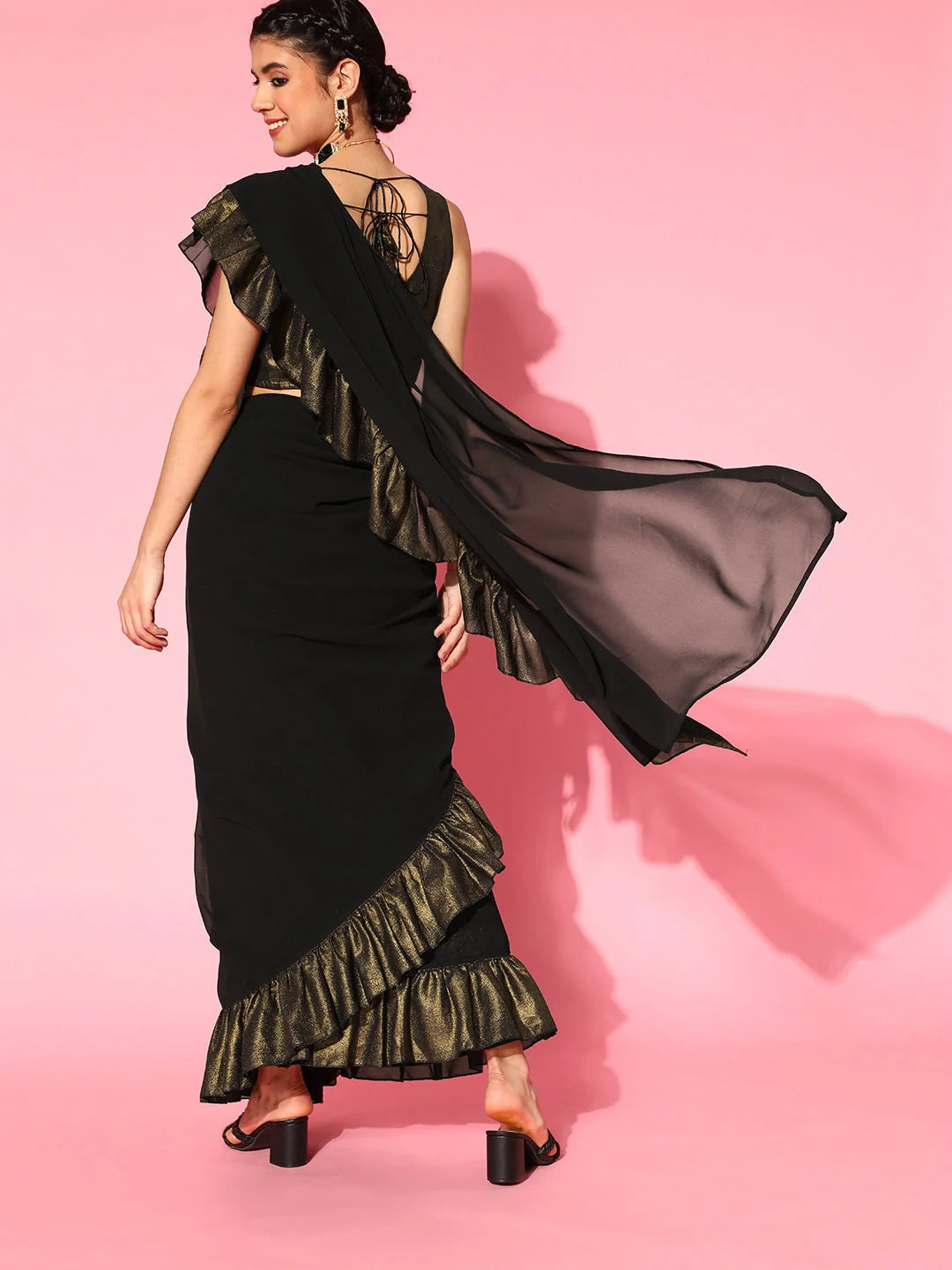 Black Ruffle Saree - Ready to Wear | Designer Sarees India
