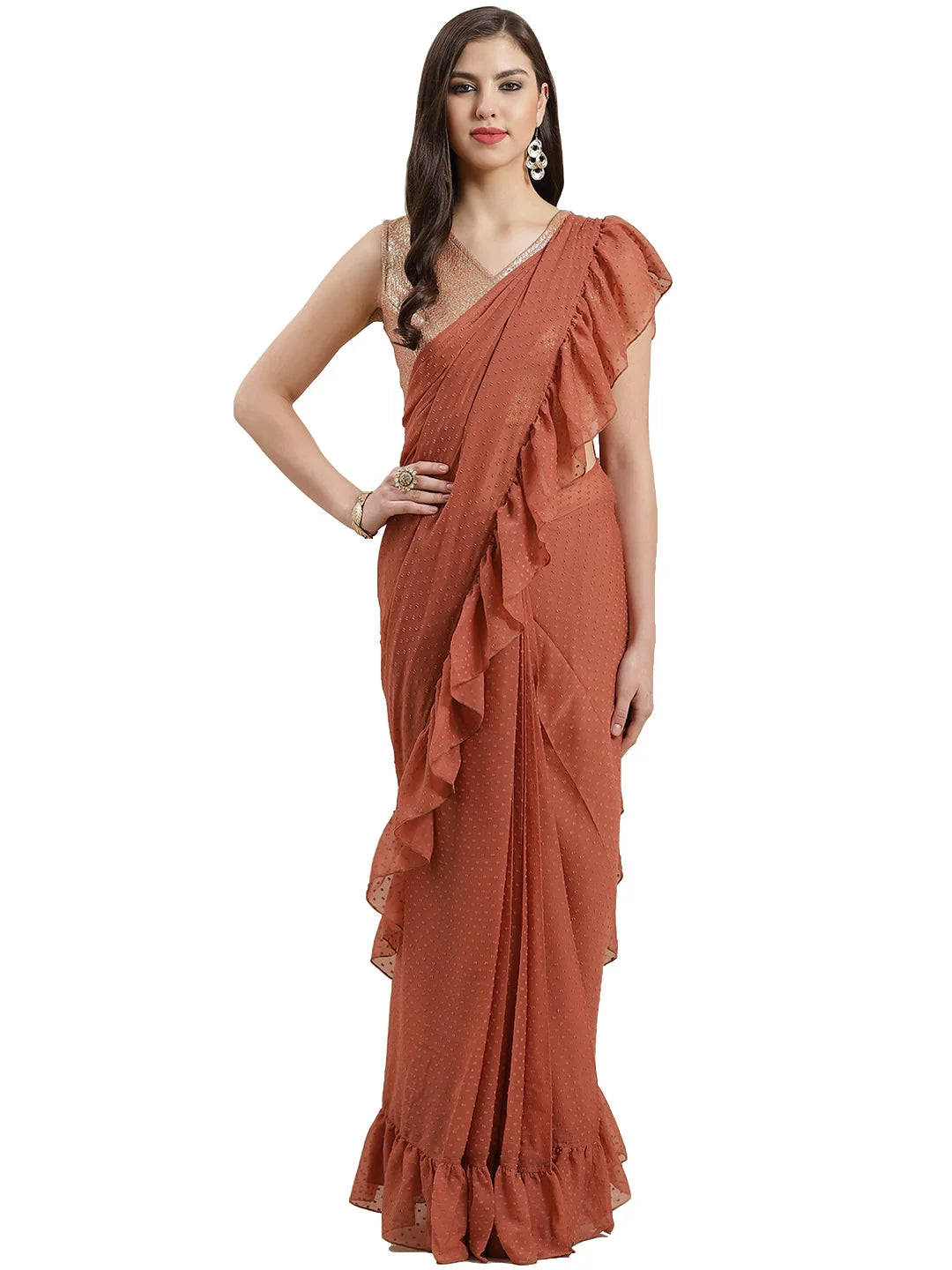 Rust Ruffled Saree Set | Ready to Wear Indian Sari