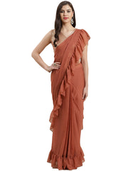 Rust Brown Woven Design Ruffled Ready to Wear Saree Set-AHSRBL-SET-1