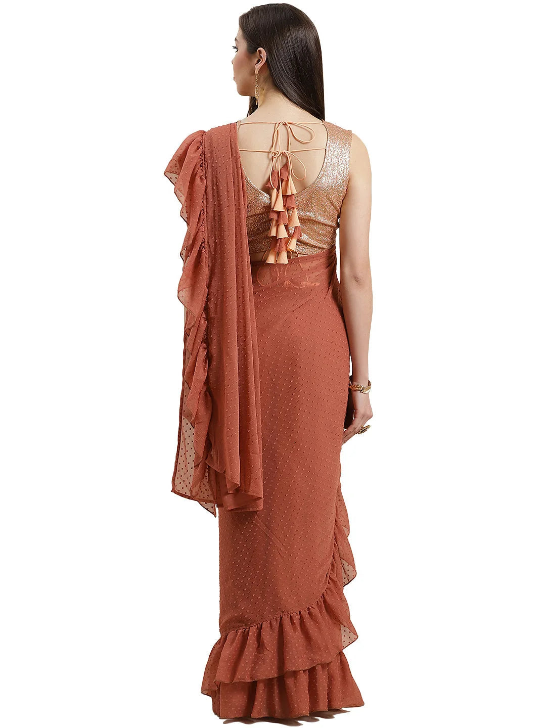 Rust Ruffled Saree Set | Ready to Wear Indian Sari