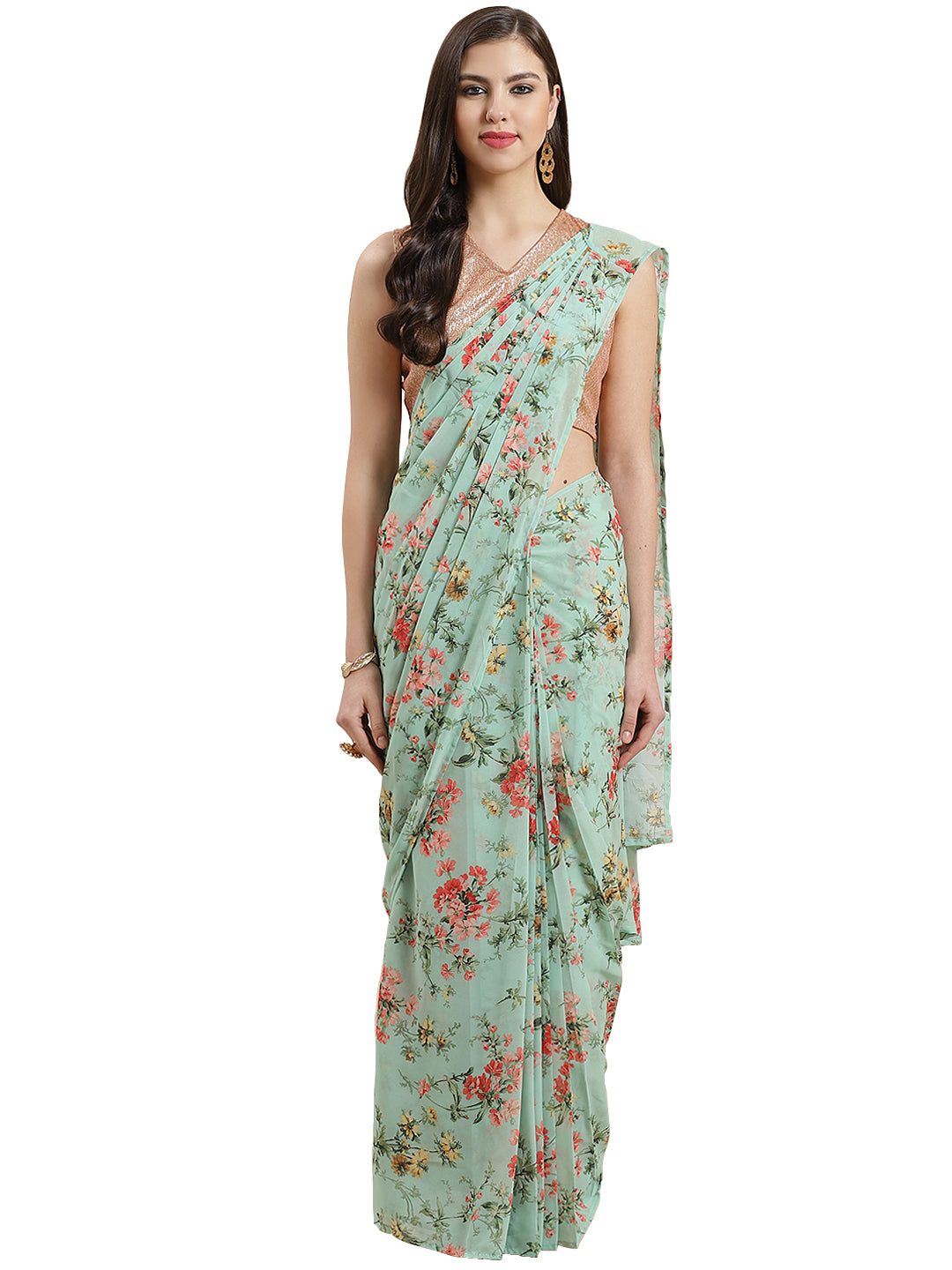 Green & Peach Printed Ready to Wear Indian Sari