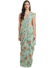 Green & Peach Colored Printed Bagh Ready to Wear Saree Set-AHSRBL-SET-2