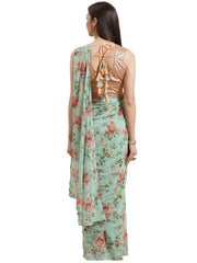 Green & Peach Colored Printed Bagh Ready to Wear Saree Set-AHSRBL-SET-2