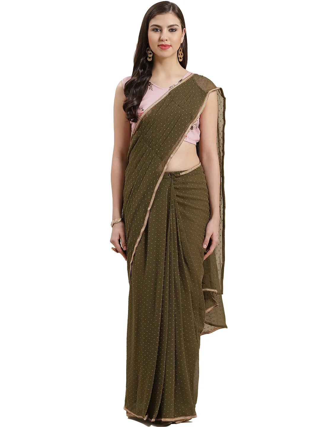 Olive Green Pleated Woven Design ready to wear Saree-AHSRBL-SET-3