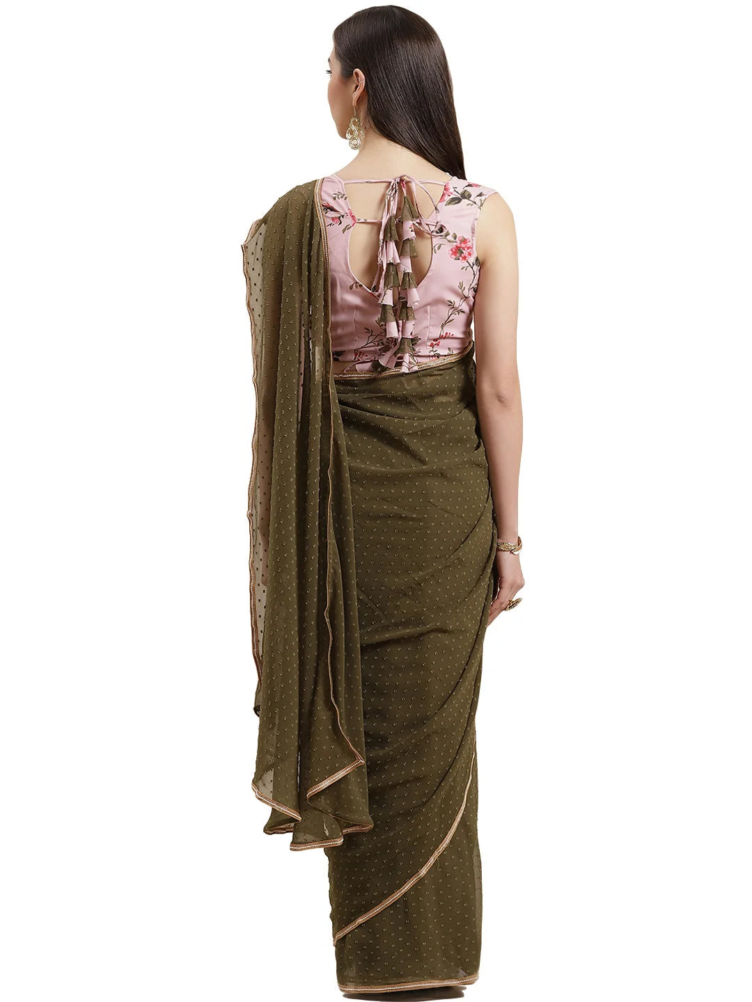 Olive Green Ready to Wear Saree | Designer Sarees India