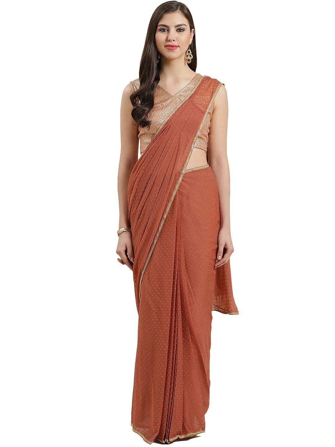Rusty Brown Pleated Ready to Wear Saree Set-AHSRBL-SET-4
