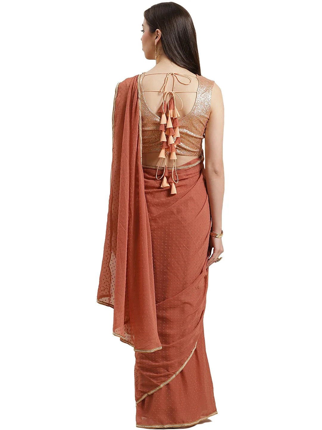 Rusty Brown Polyester Saree: Ready to Wear Indian Sari