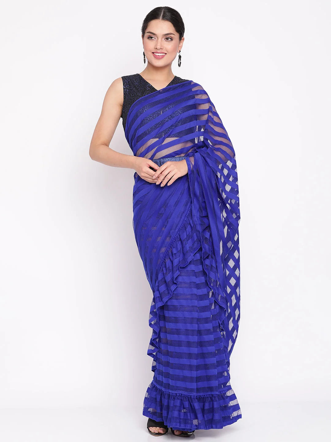 Blue & Black Striped Net Ready to Wear Saree Set-AHSRBLBT-SET-21-FF