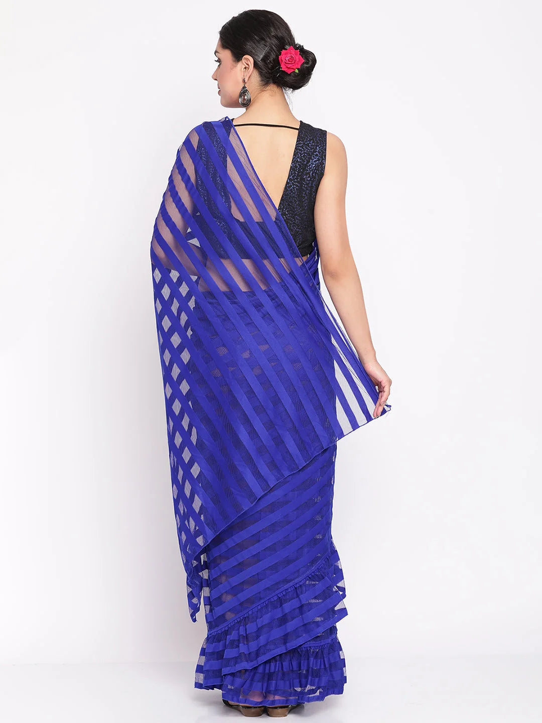 Blue & Black Striped Ready to Wear Indian Sari