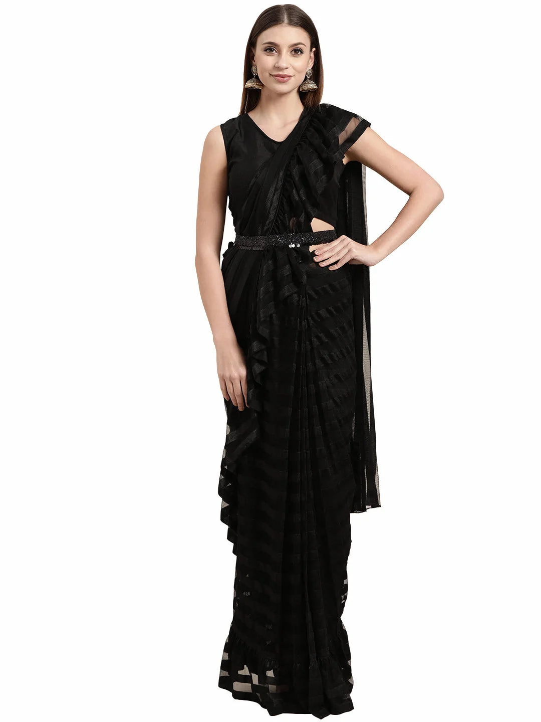 Black Ruffled Ready to Wear Indian Sari - Polyester Saree