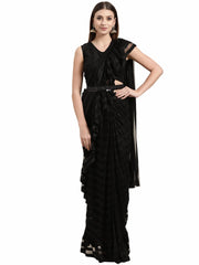 Black Self-Striped Ruffled Ready to Wear Saree-AHSRBLBT-SET-6