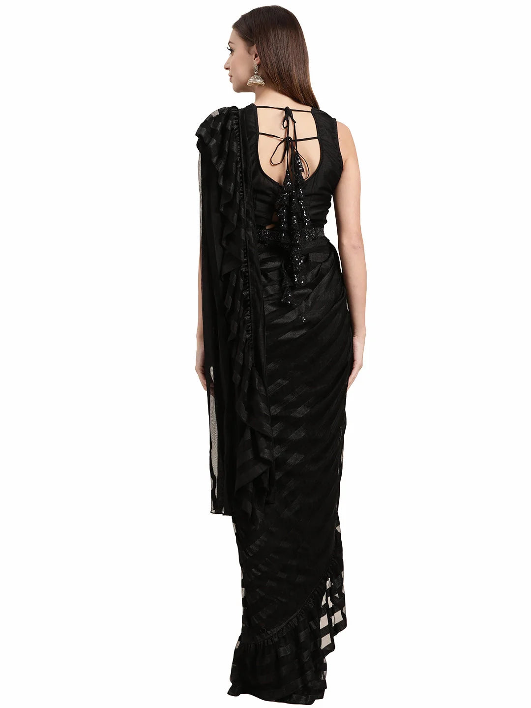 Black Ruffled Ready to Wear Indian Sari - Polyester Saree