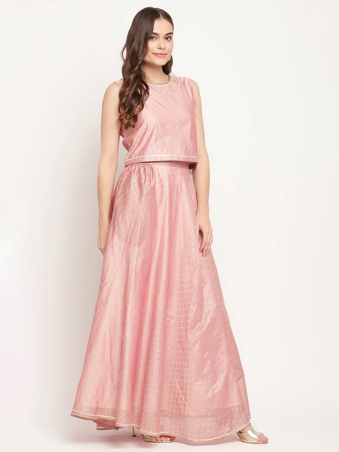 Rusty Rose Chanderi Gold Foil Print Lehenga Choli With Dupatta