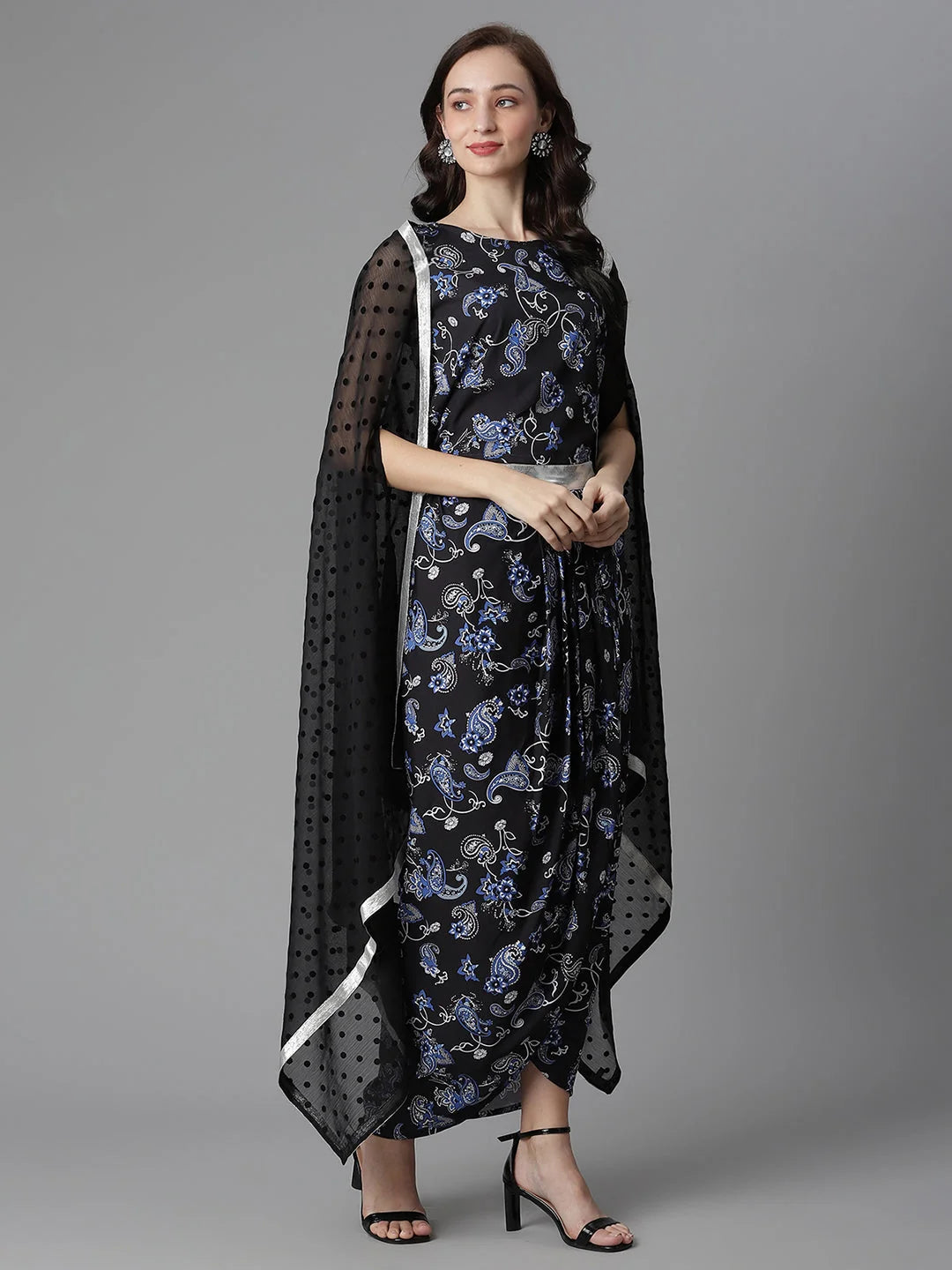 Black Digital Print Top & Skirt with Shrug | Women's Lehenga