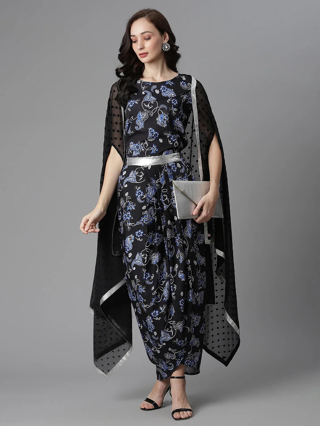 Black Digital Print Top & Skirt with Shrug | Women's Lehenga