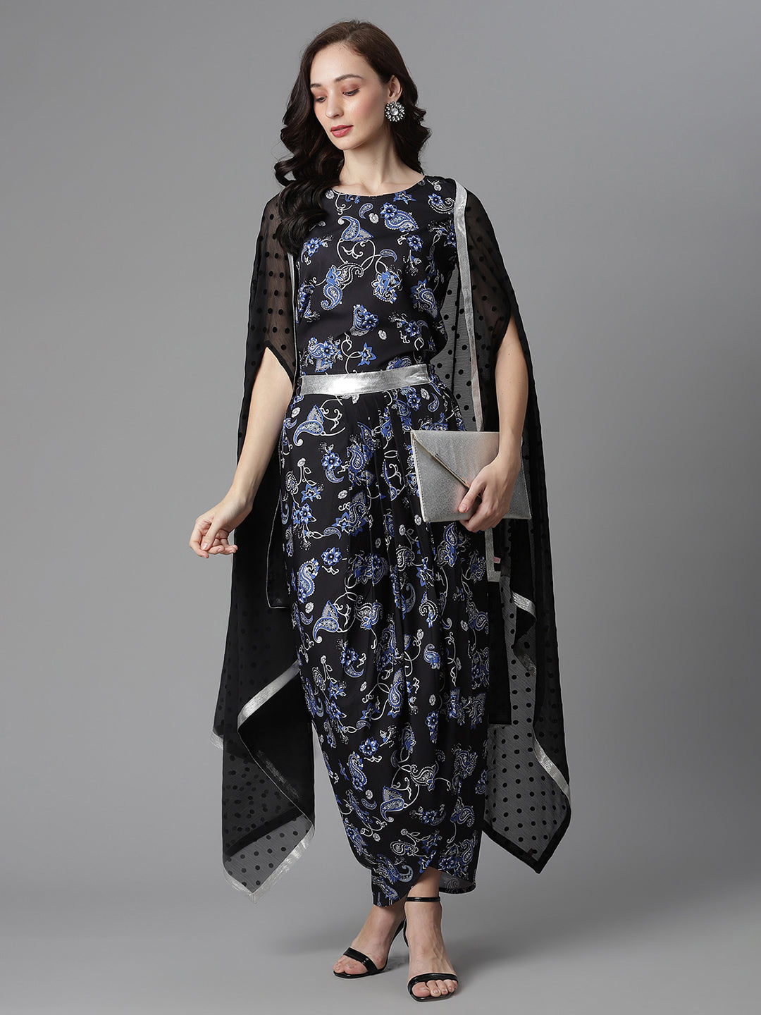 Black Digital Print Top Skirt With Shrug-AHTPDUSK-COMBO-333-FF