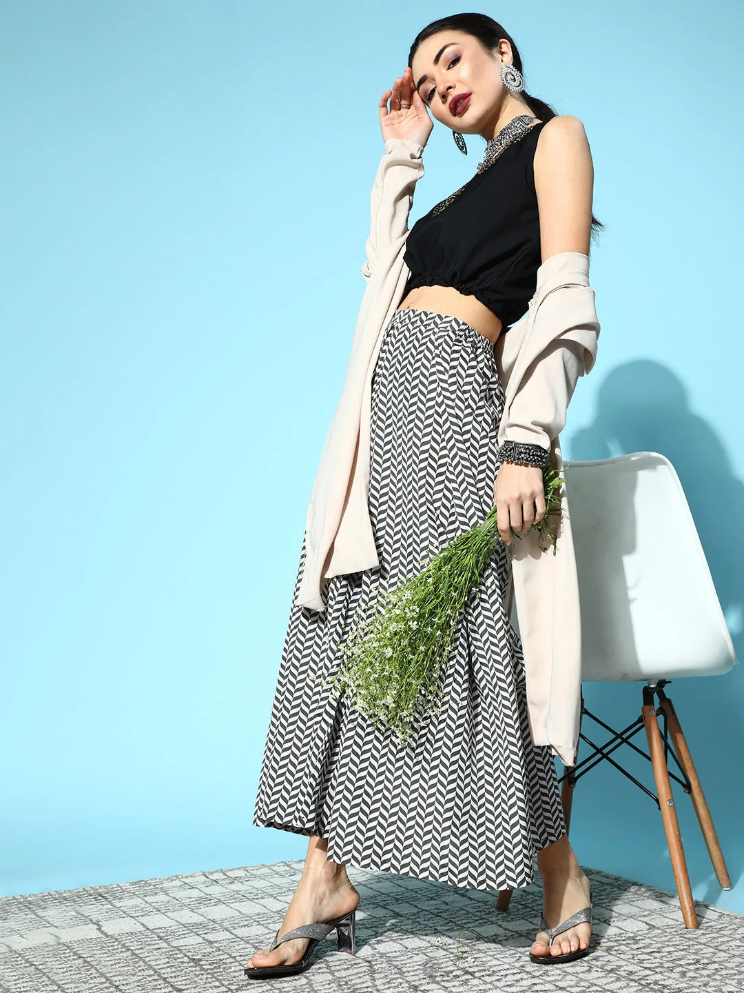 Black Printed Crepe Top Palazzo Set | Women's Two Piece Sets