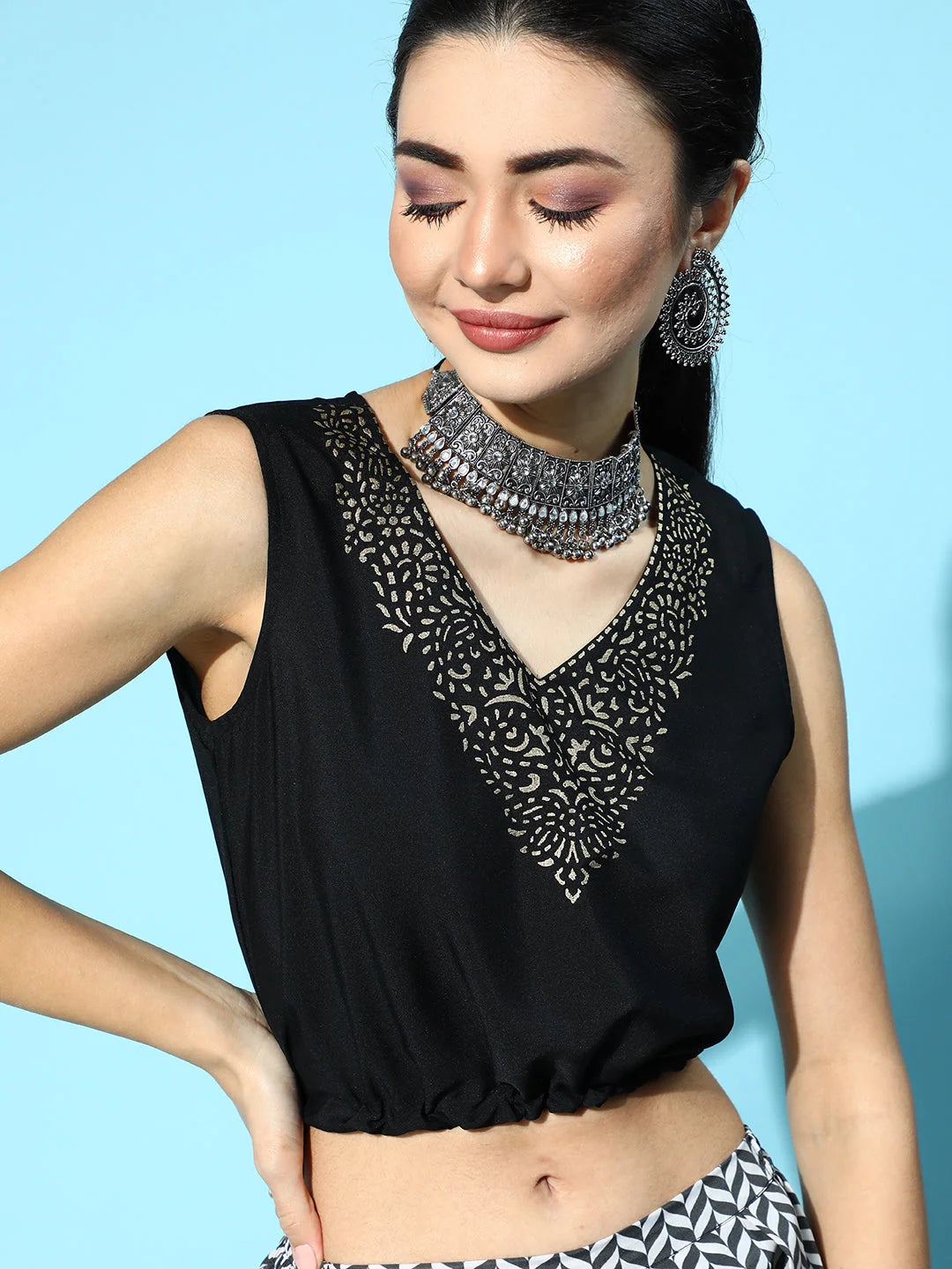 Black Printed Crepe Top Palazzo Set | Women's Two Piece Sets