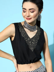 Black Crepe Printed Top Palazzo Set-AHTPPZ-COMBO-379-FF