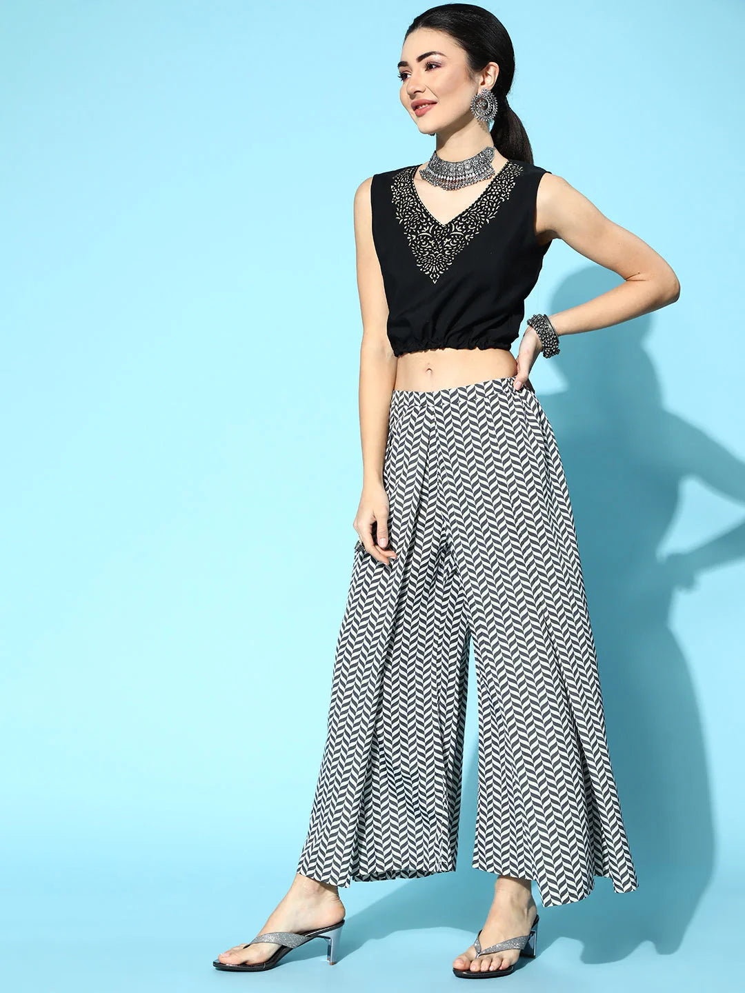 Black Printed Crepe Top Palazzo Set | Women's Two Piece Sets