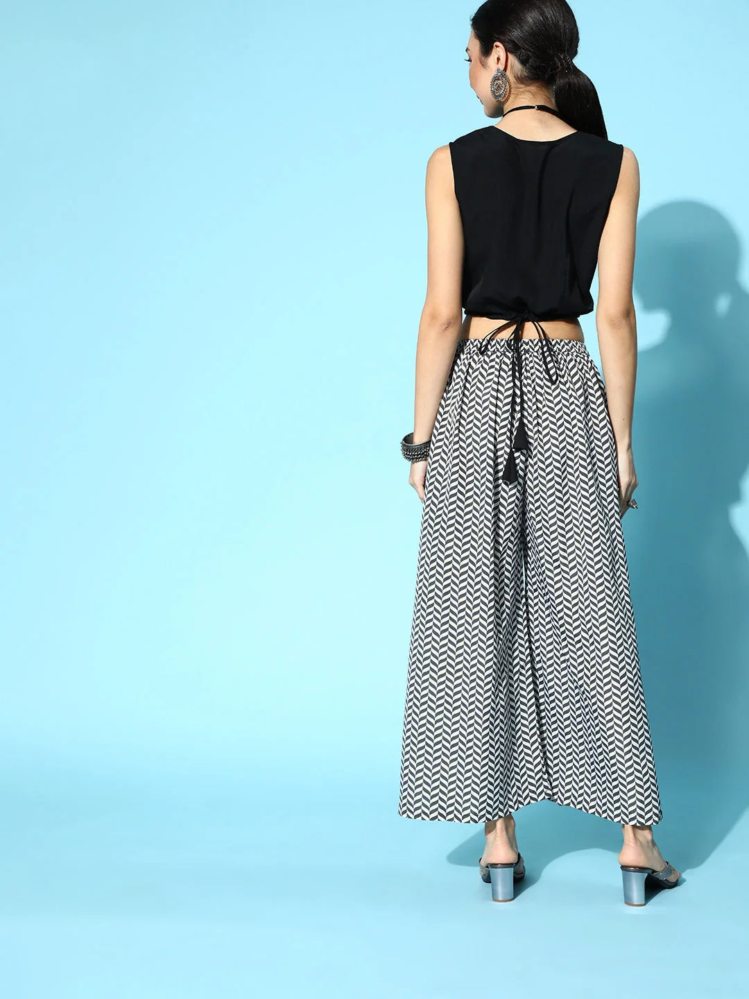 Black Printed Crepe Top Palazzo Set | Women's Two Piece Sets