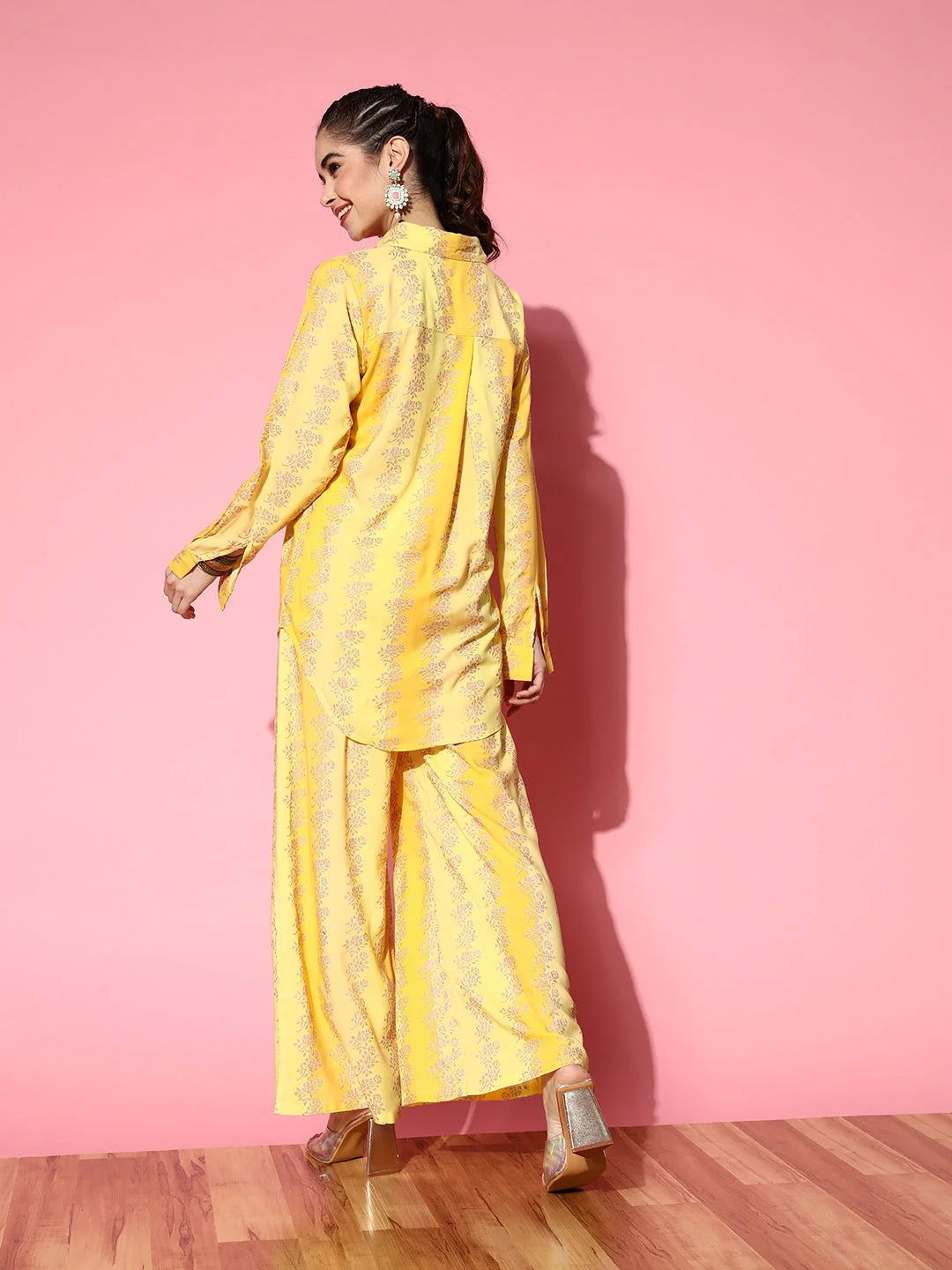 Yellow Floral Co Ord Sets: Rayon Shirt and Palazzo Two Piece Set