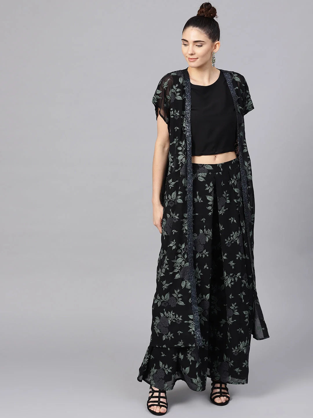 Black Top & Palazzo Set with Printed Shrug-AHTPPZJK-Combo-152