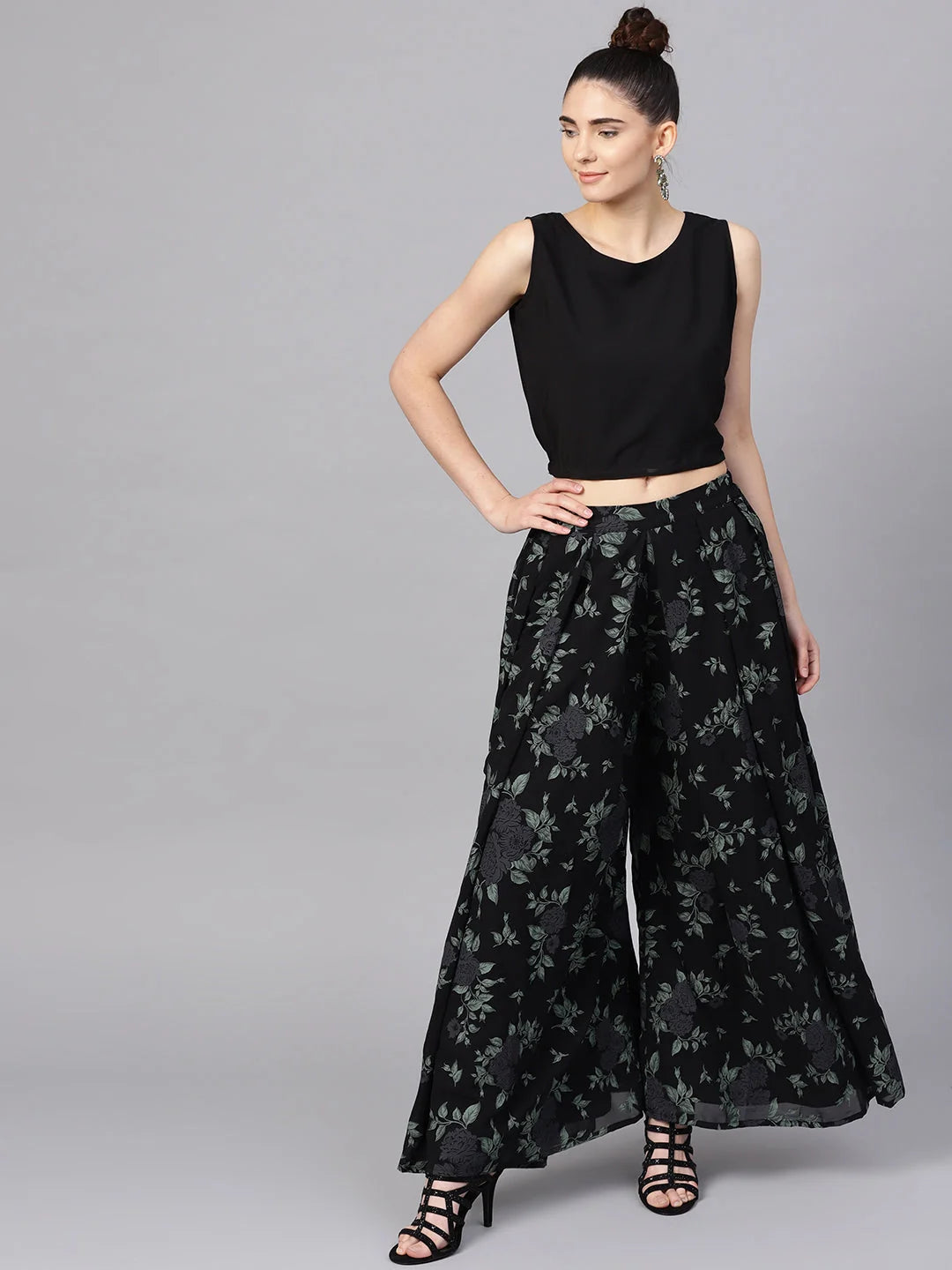 Chic Black Top & Palazzo Two Piece Sets with Printed Shrug