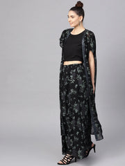 Black Top & Palazzo Set with Printed Shrug-AHTPPZJK-Combo-152