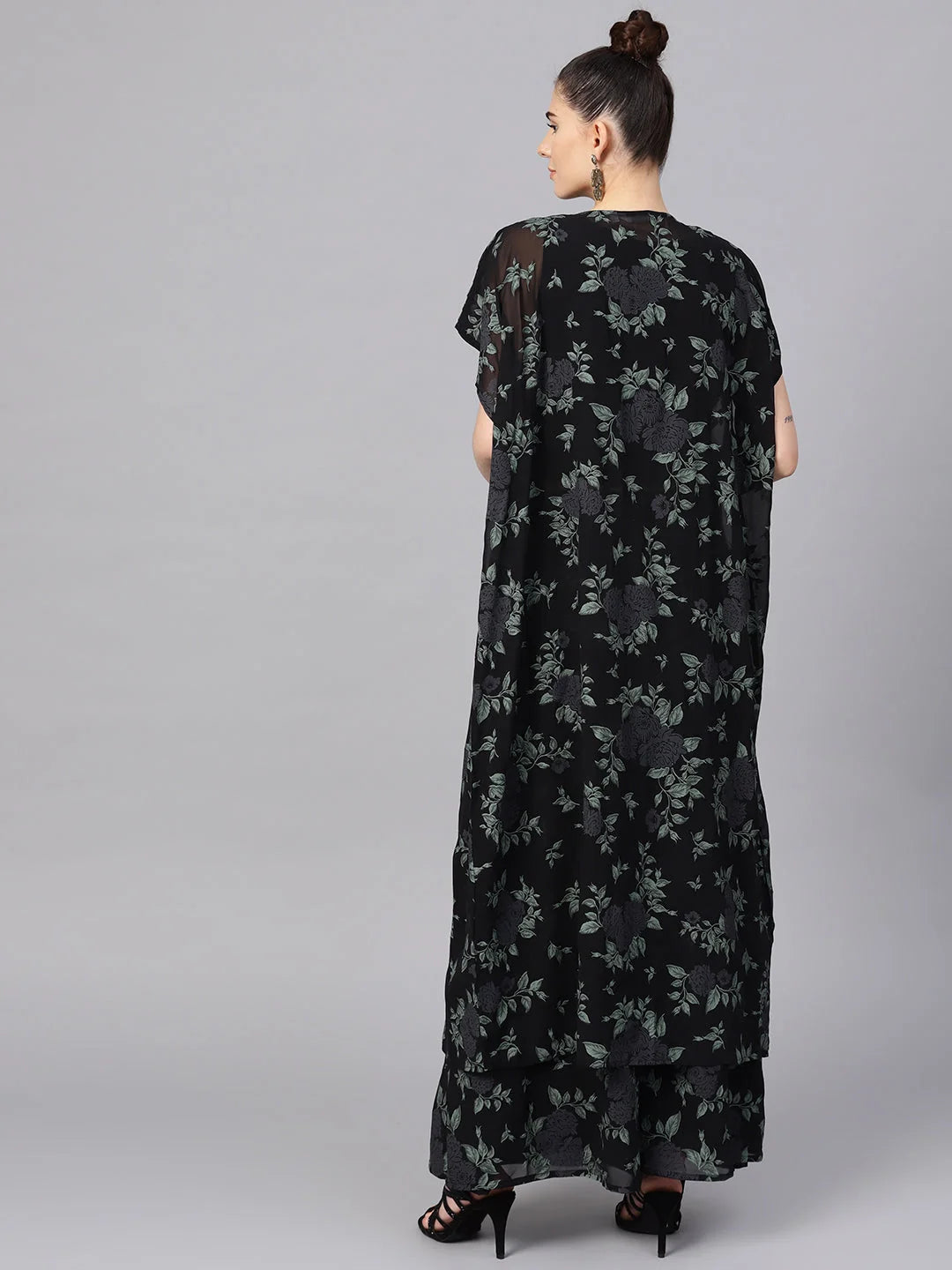 Chic Black Top & Palazzo Two Piece Sets with Printed Shrug