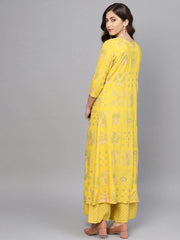 Yellow & Pink Printed Crop Top with Palazzos & Ethnic Jacket-AHTPPZJK-Combo-213