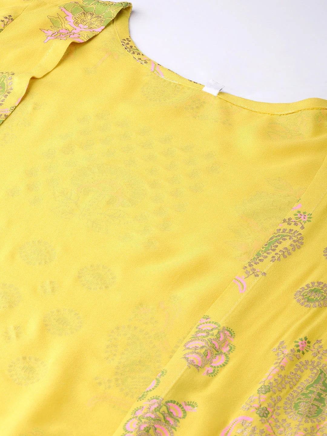 Yellow & Pink Printed Crop Top, Palazzos & Ethnic Jacket