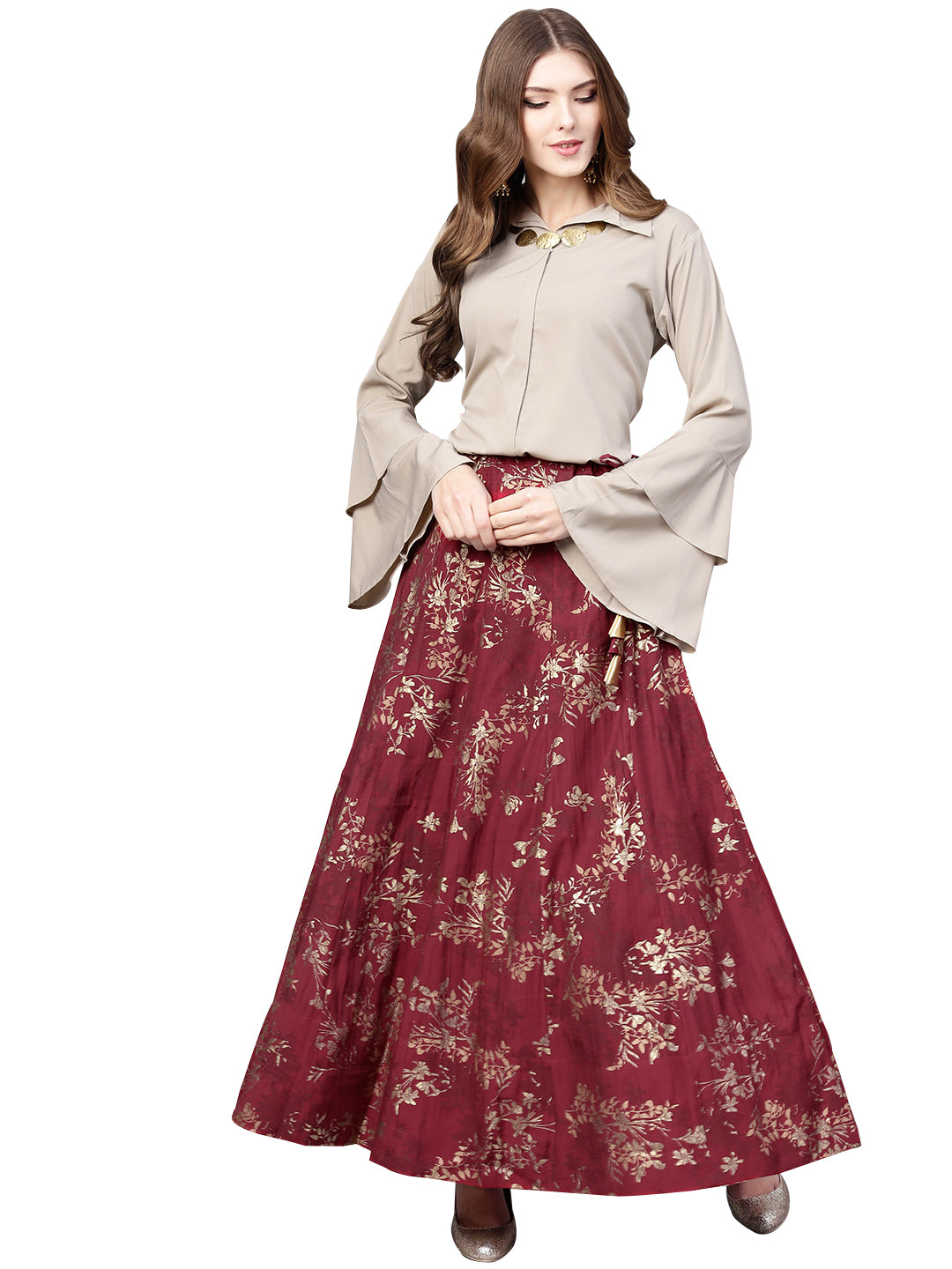 Indowestern Beige & Maroon Shirt With Skirt Set-AHTPSK-Combo-103
