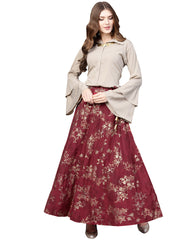 Indowestern Beige & Maroon Shirt With Skirt Set-AHTPSK-Combo-103