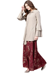 Indowestern Beige & Maroon Shirt With Skirt Set-AHTPSK-Combo-103