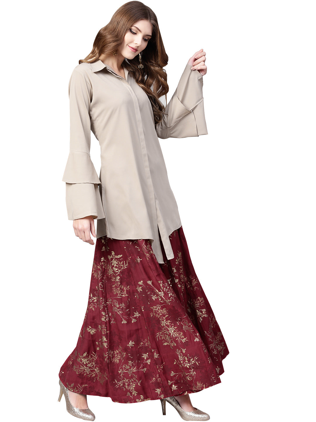Indowestern Beige & Maroon Skirt Set | Women's Lehenga Choli