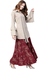 Indowestern Beige & Maroon Shirt With Skirt Set-AHTPSK-Combo-103