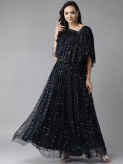 Navy Blue & Silver Foil Print Layered Top with Skirt-AHTPSK-Combo-266