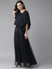 Navy Blue & Silver Foil Print Layered Top with Skirt-AHTPSK-Combo-266