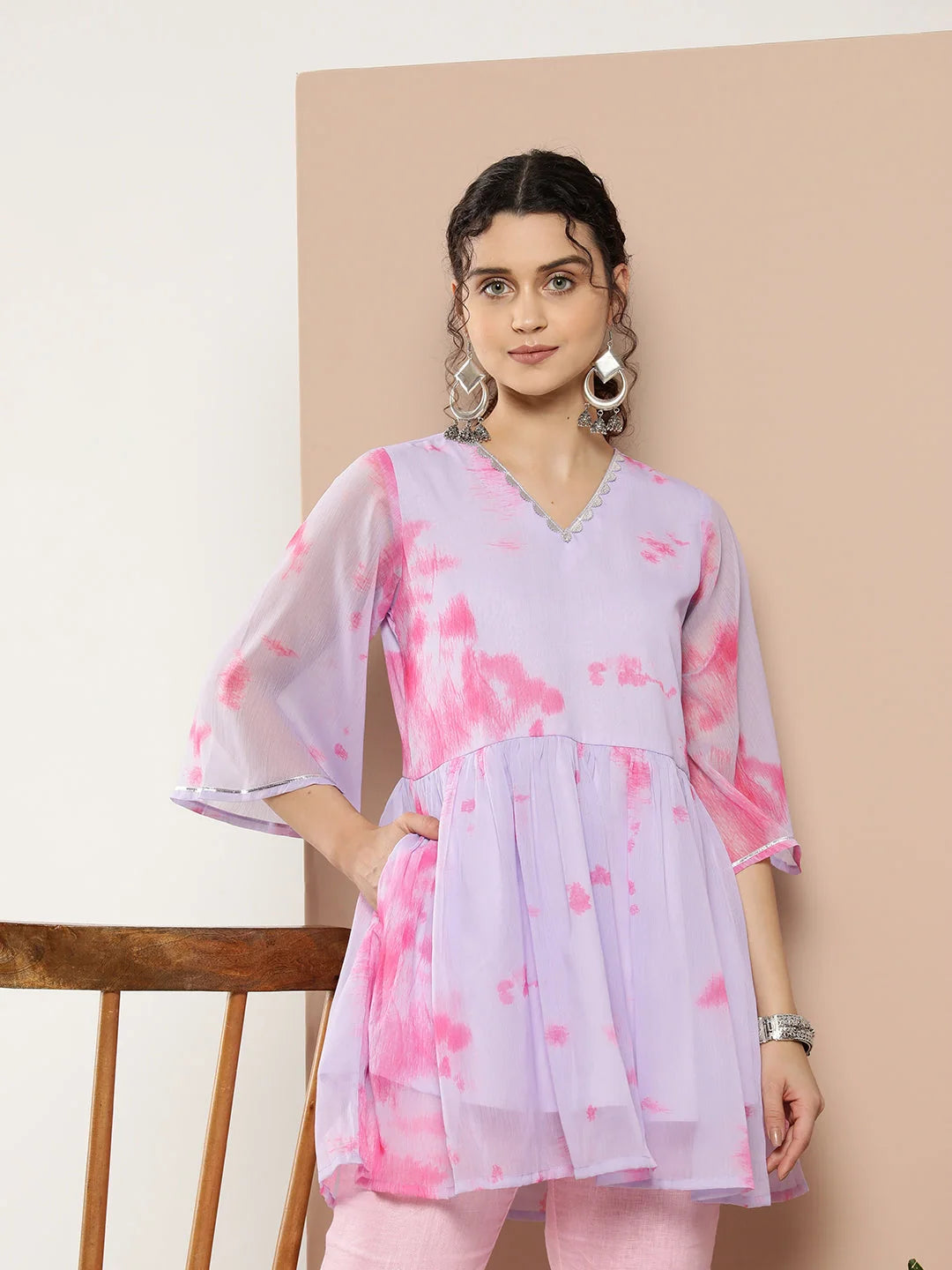 Lavender & Pink Printed Tunic Top - Modern Indian Kurtis Online