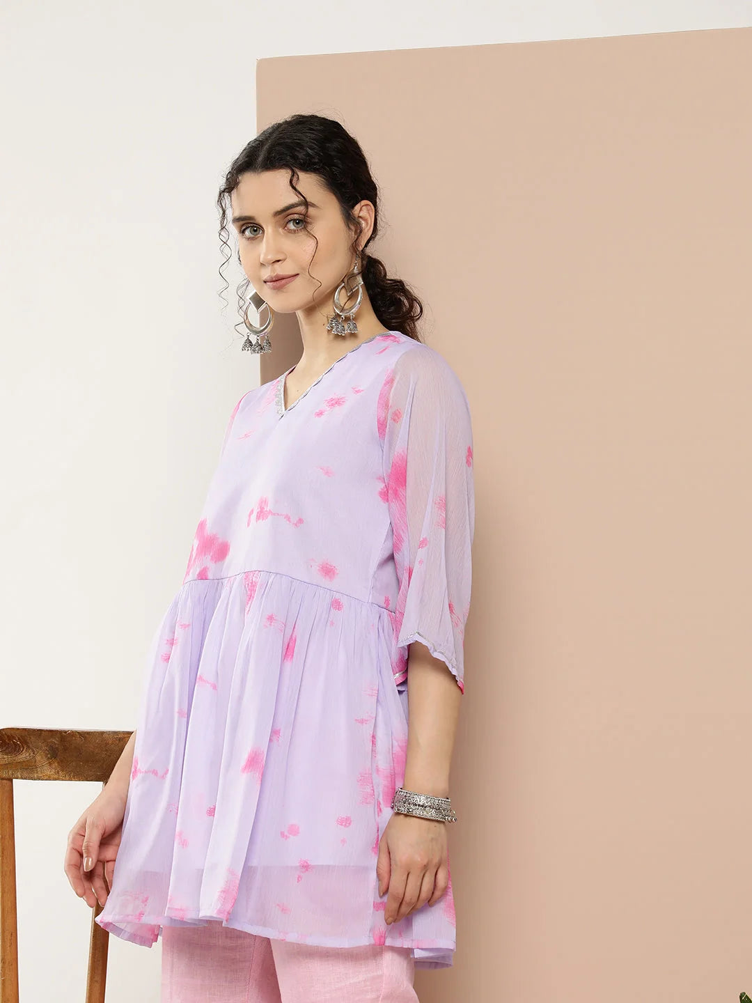 Lavender & Pink Printed Tunic Top - Modern Indian Kurtis Online