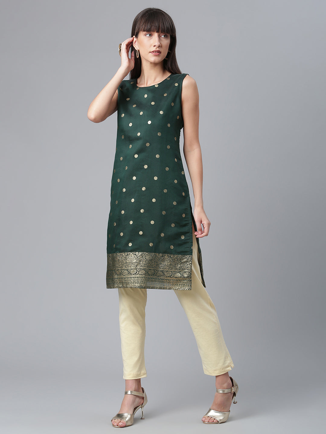 Green Chanderi Tunic Top - Gold Foil Print Indian Kurta Ladies
