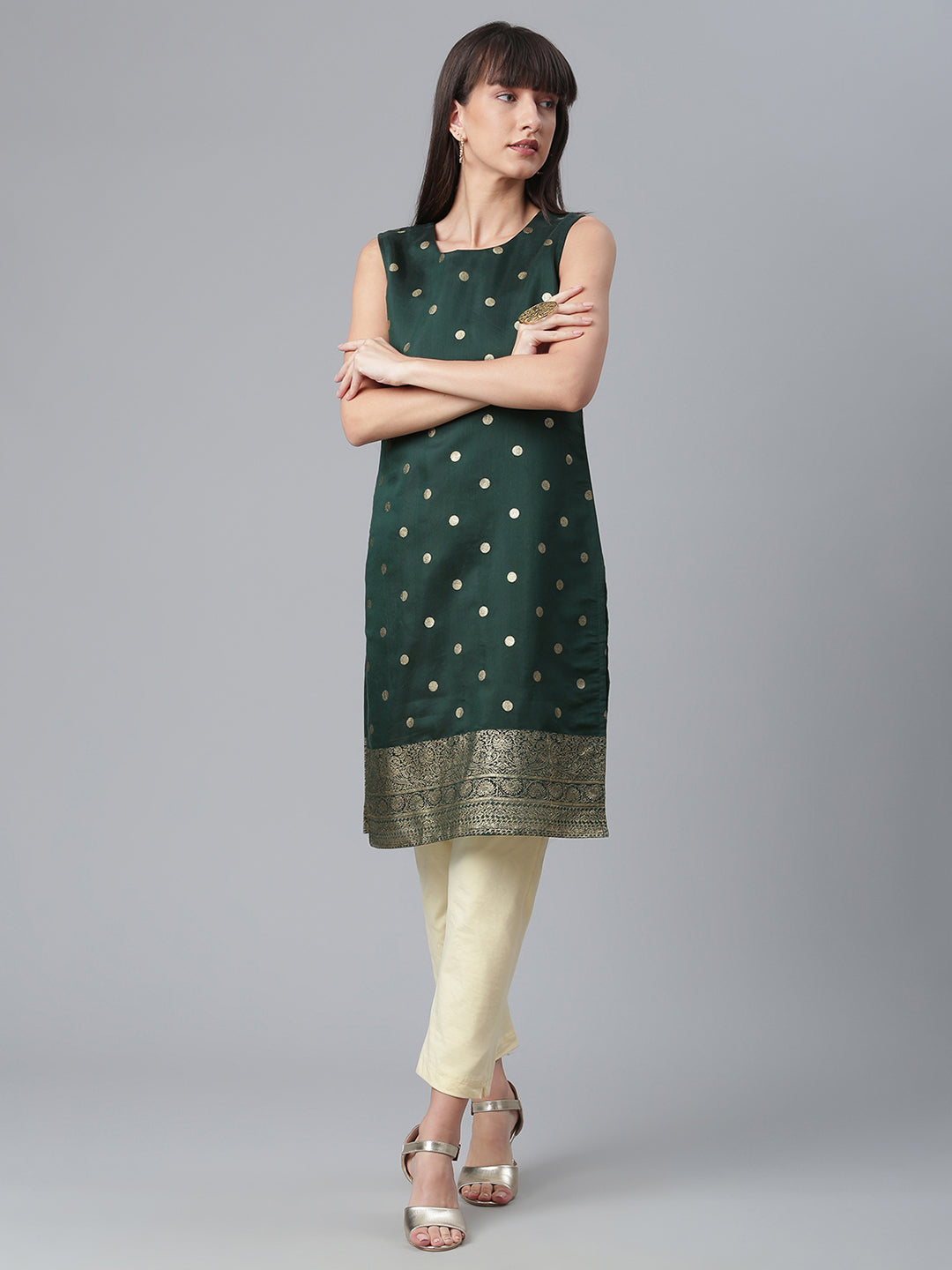 Green Chanderi Tunic Top - Gold Foil Print Indian Kurta Ladies