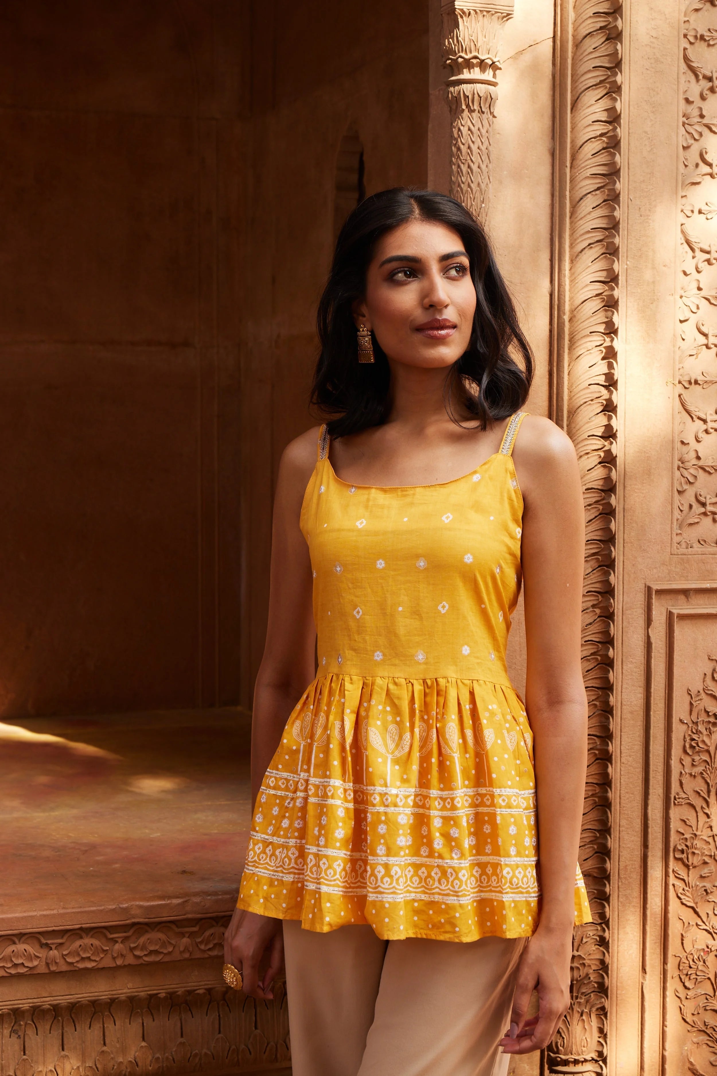 Mustard Cotton Printed Tunic Top - Indian Kurta for Women