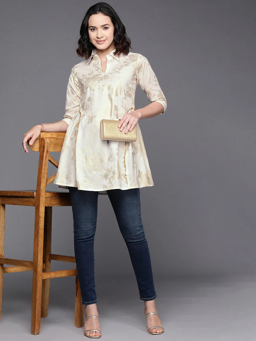 Floral Printed Shirt Collar Cotton Tunic With Lace Inserts Detail-AHTUCOFP-8117