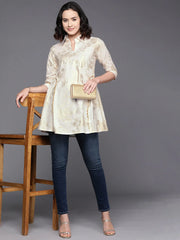 Floral Printed Shirt Collar Cotton Tunic With Lace Inserts Detail-AHTUCOFP-8117