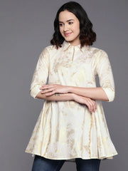 Floral Printed Shirt Collar Cotton Tunic With Lace Inserts Detail-AHTUCOFP-8117