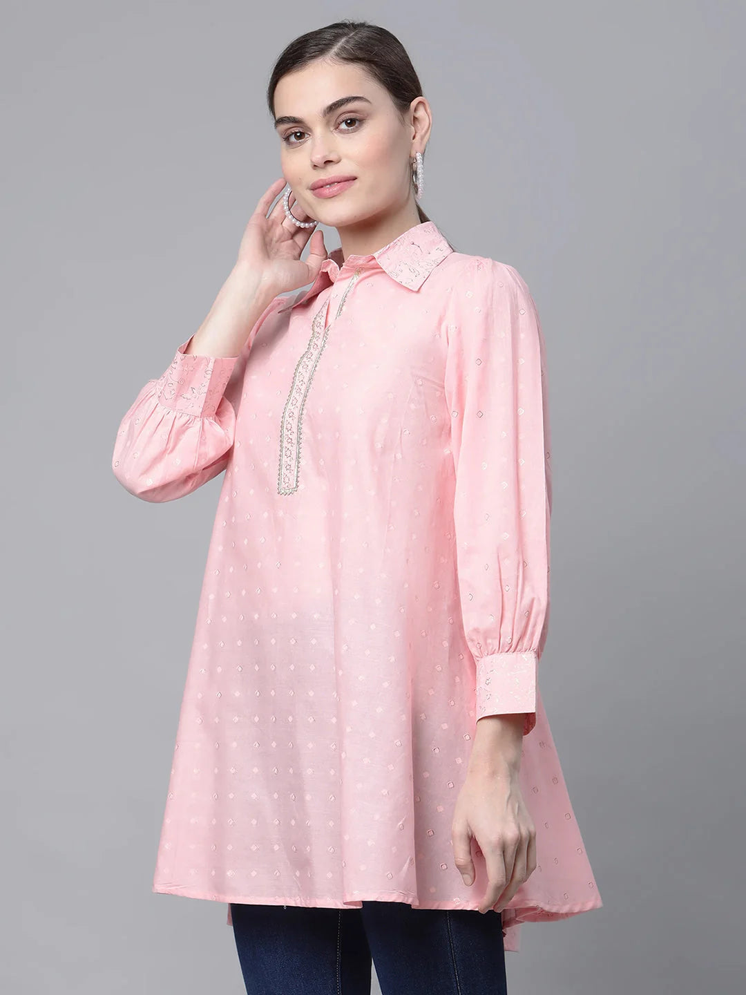 Baby Pink Cotton Tunic Top -  Elegant Indian Kurta Ladies
